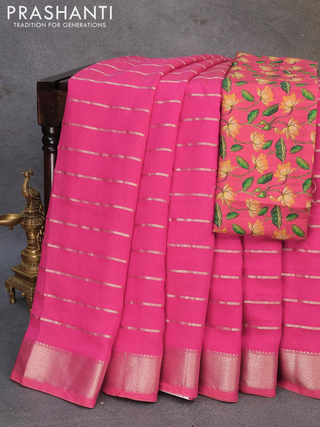 Chinon silk saree pink shade with allover zari woven stripes pattern and zari woven border with pichwai printed blouse - {{ collection.title }} by Prashanti Sarees