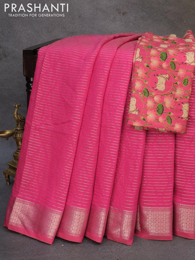 Chinon silk saree pink with allover geometric zari weaves and zari woven border with pichwai printed blouse - {{ collection.title }} by Prashanti Sarees