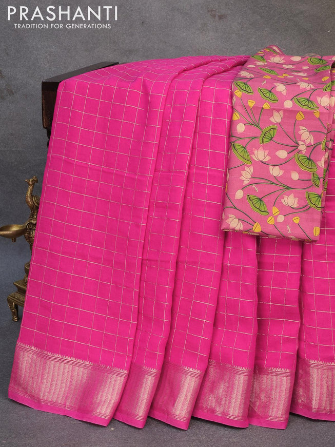 Chinon silk saree pink with allover zari checked pattern and zari woven border with pichwai printed blouse - {{ collection.title }} by Prashanti Sarees