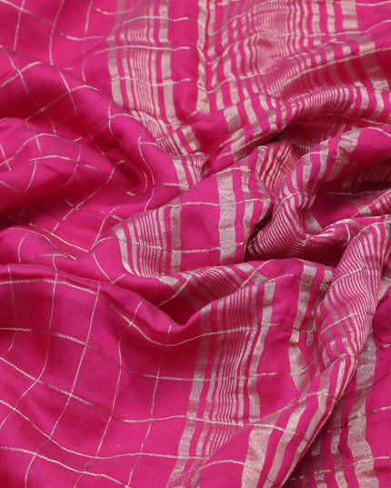 Chinon silk saree pink with allover zari checked pattern and zari woven border with pichwai printed blouse - {{ collection.title }} by Prashanti Sarees