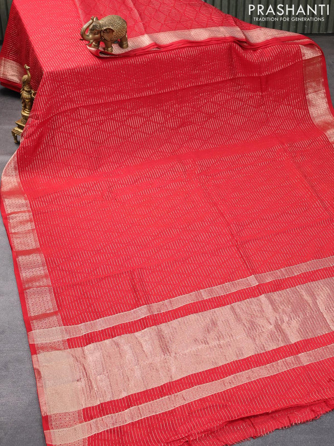 Chinon silk saree red with allover geometric zari weaves and zari woven border with pichwai printed blouse - {{ collection.title }} by Prashanti Sarees