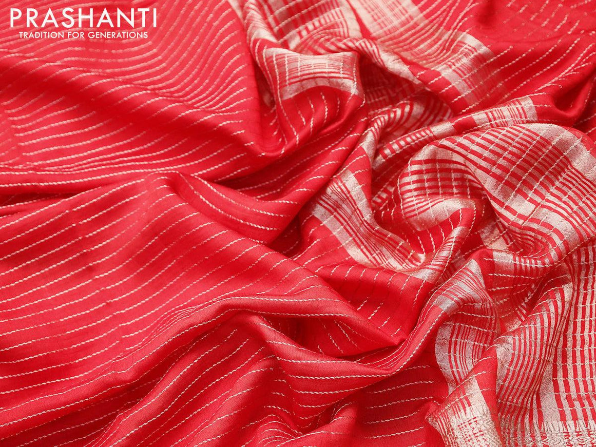 Chinon silk saree red with allover zari woven stripes pattern and zari woven border with pichwai printed blouse - {{ collection.title }} by Prashanti Sarees