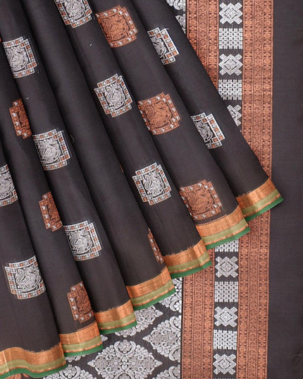 Coimbatore Cotton Black Color Saree with Copper and Silver Zari Woven Buttas - {{ collection.title }} by Prashanti Sarees