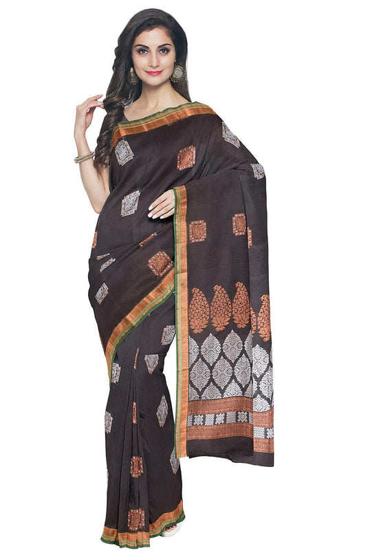 Coimbatore Cotton Black Color Saree with Copper and Silver Zari Woven Buttas - {{ collection.title }} by Prashanti Sarees