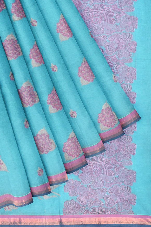 Coimbatore Cotton Blue Color Saree with Copper Zari and Thread Woven Buttas - {{ collection.title }} by Prashanti Sarees