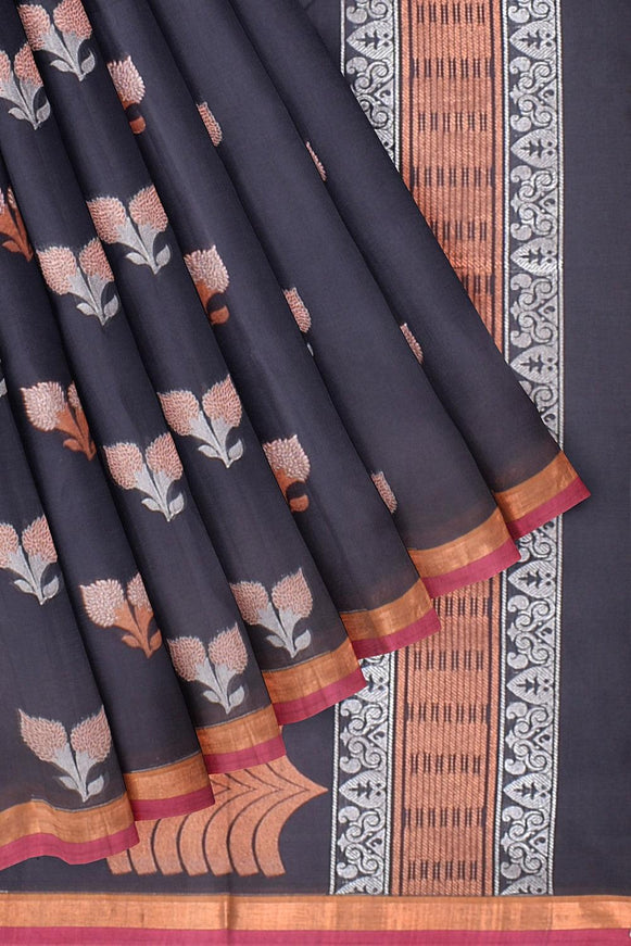 Coimbatore Cotton Dark Blue Color Saree with Copper and Silver Zari Woven Buttas - {{ collection.title }} by Prashanti Sarees