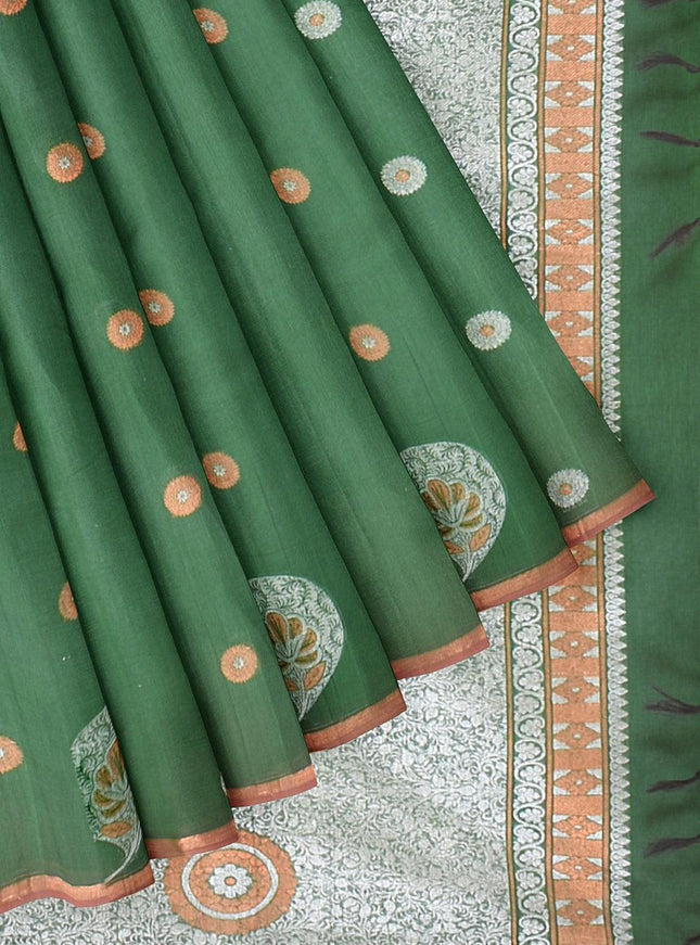 Coimbatore Cotton Dark Green Color Saree with Copper and Silver Zari Woven Buttas - {{ collection.title }} by Prashanti Sarees