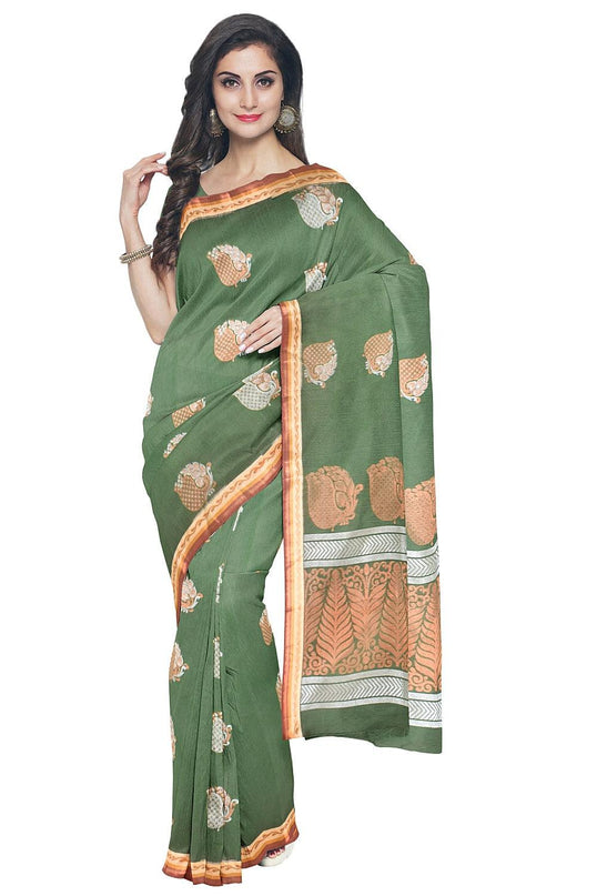 Coimbatore Cotton Dark Green Color Saree with Copper and Silver Zari Woven Buttas - {{ collection.title }} by Prashanti Sarees