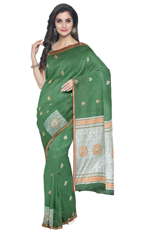 Coimbatore Cotton Dark Green Color Saree with Copper and Silver Zari Woven Buttas - {{ collection.title }} by Prashanti Sarees
