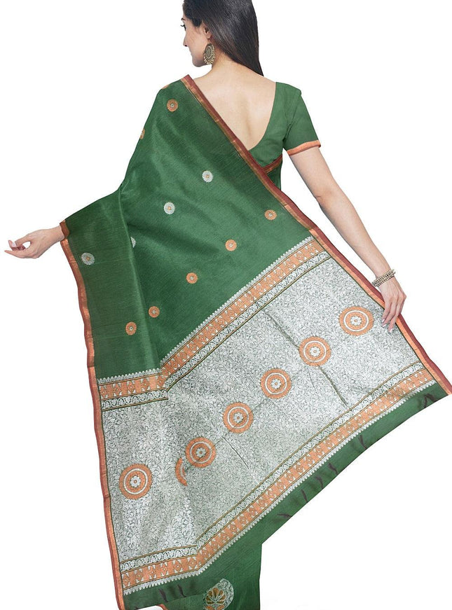 Coimbatore Cotton Dark Green Color Saree with Copper and Silver Zari Woven Buttas - {{ collection.title }} by Prashanti Sarees