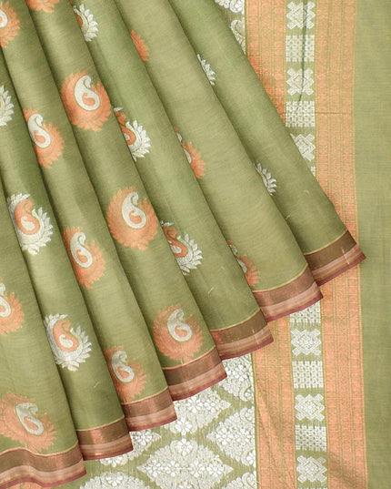 Coimbatore Cotton Light Green Color Saree with Copper and Silver Zari Woven Buttas - {{ collection.title }} by Prashanti Sarees