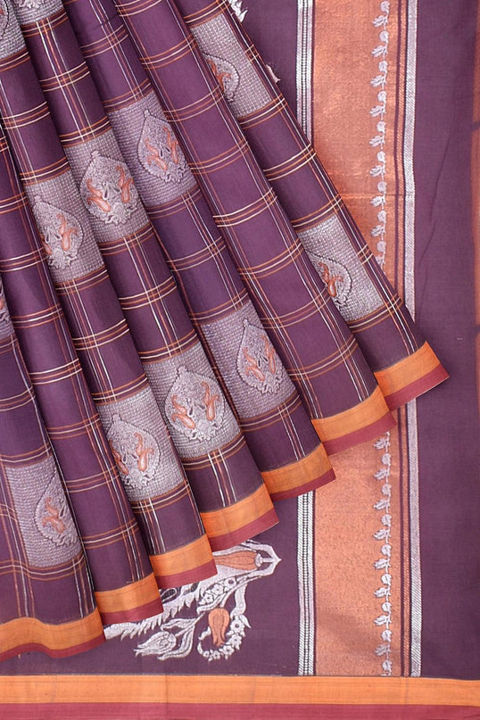 Coimbatore Cotton Magenta Color Saree with Copper and Silver Zari Woven Buttas - {{ collection.title }} by Prashanti Sarees
