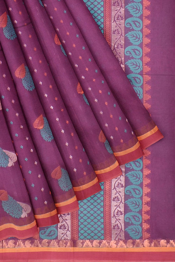 Coimbatore Cotton Magenta Color Saree with Copper and Silver Zari Woven Buttas - {{ collection.title }} by Prashanti Sarees