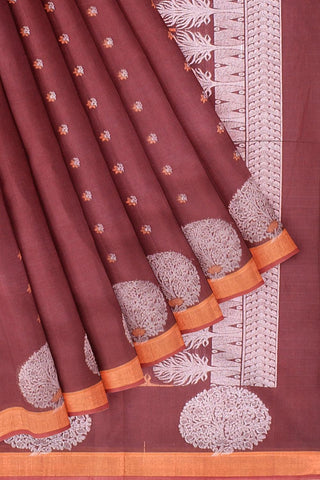 Coimbatore Cotton Maroon Color Saree with Copper and Silver Zari Woven Buttas