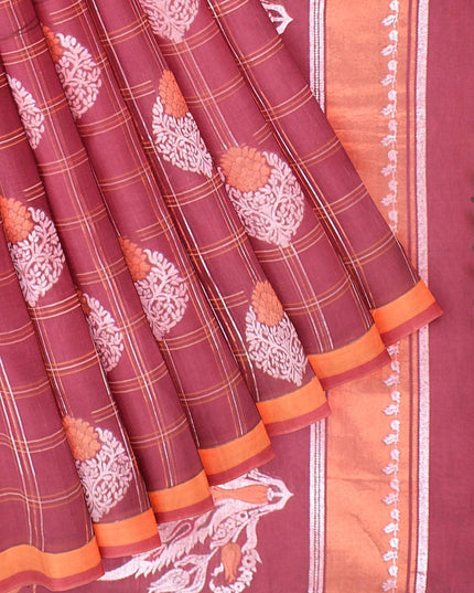Coimbatore Cotton Maroon Color Saree with Copper and Silver Zari Woven Buttas - {{ collection.title }} by Prashanti Sarees