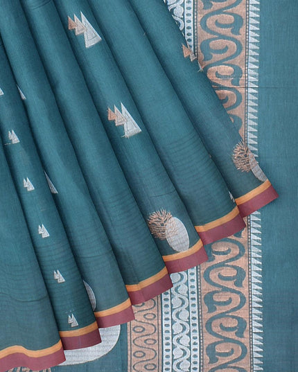 Coimbatore Cotton Rama Green Color Saree with Copper and Silver Zari Woven Buttas - {{ collection.title }} by Prashanti Sarees