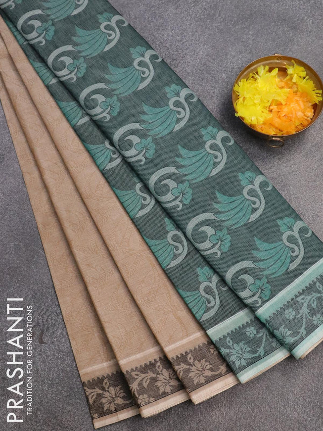 Coimbatore cotton saree beige and teal green with allover self emboss and thread woven border - {{ collection.title }} by Prashanti Sarees