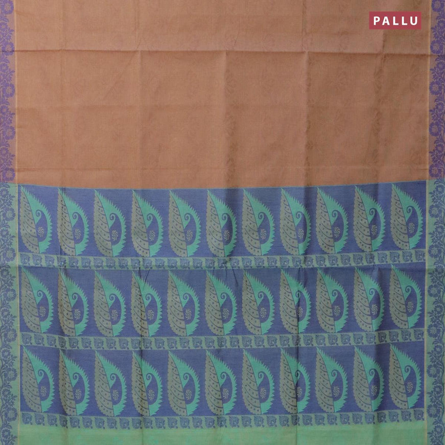 Coimbatore cotton saree chikku shade and blue with allover self emboss and thread woven border - {{ collection.title }} by Prashanti Sarees