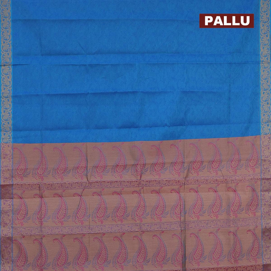 Coimbatore cotton saree cs blue and dual shade of magenta pink with allover self emboss and thread woven border - {{ collection.title }} by Prashanti Sarees