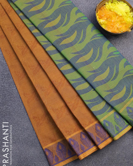 Coimbatore cotton saree dark mustard and green with allover self emboss and thread woven border - {{ collection.title }} by Prashanti Sarees