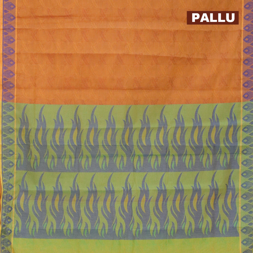 Coimbatore cotton saree dark mustard and green with allover self emboss and thread woven border - {{ collection.title }} by Prashanti Sarees