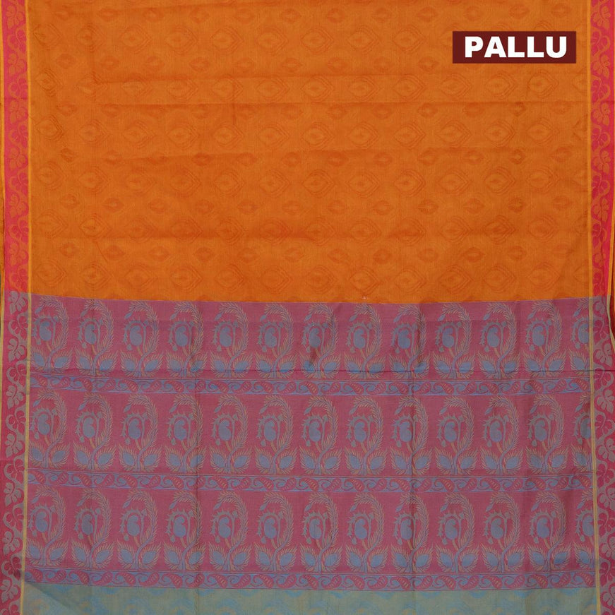 Coimbatore cotton saree dark mustard and pink with allover self emboss and thread woven border - {{ collection.title }} by Prashanti Sarees