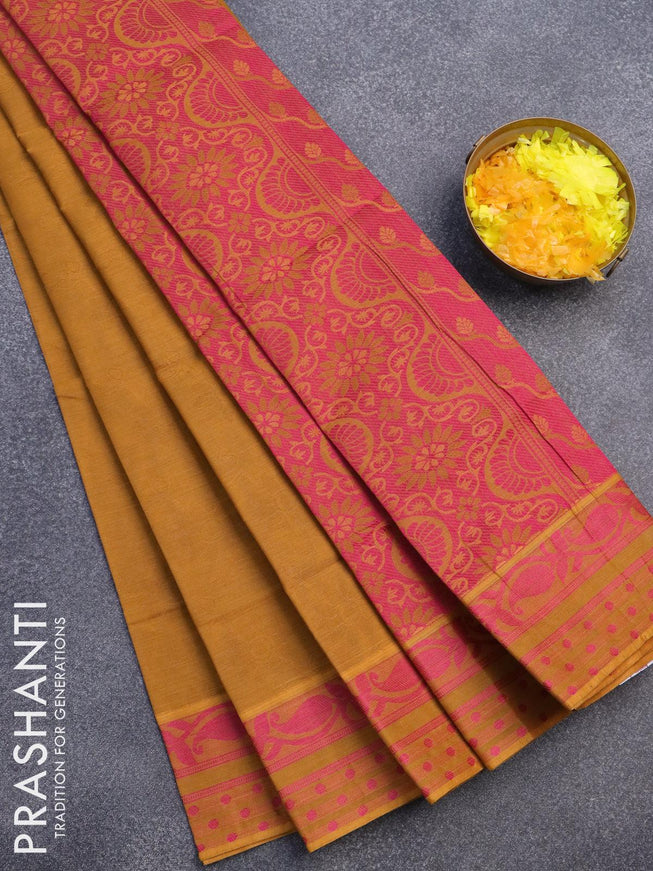 Coimbatore cotton saree dark mustard with allover self emboss and thread woven border - {{ collection.title }} by Prashanti Sarees