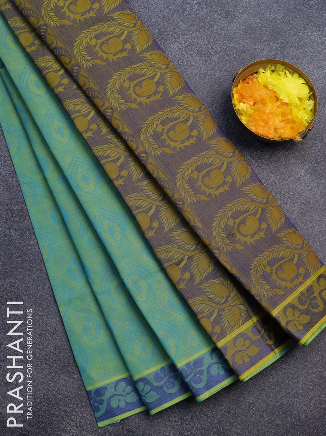 Coimbatore cotton saree dual shade of bluish green and mehendi green with allover self emboss and thread woven border - {{ collection.title }} by Prashanti Sarees