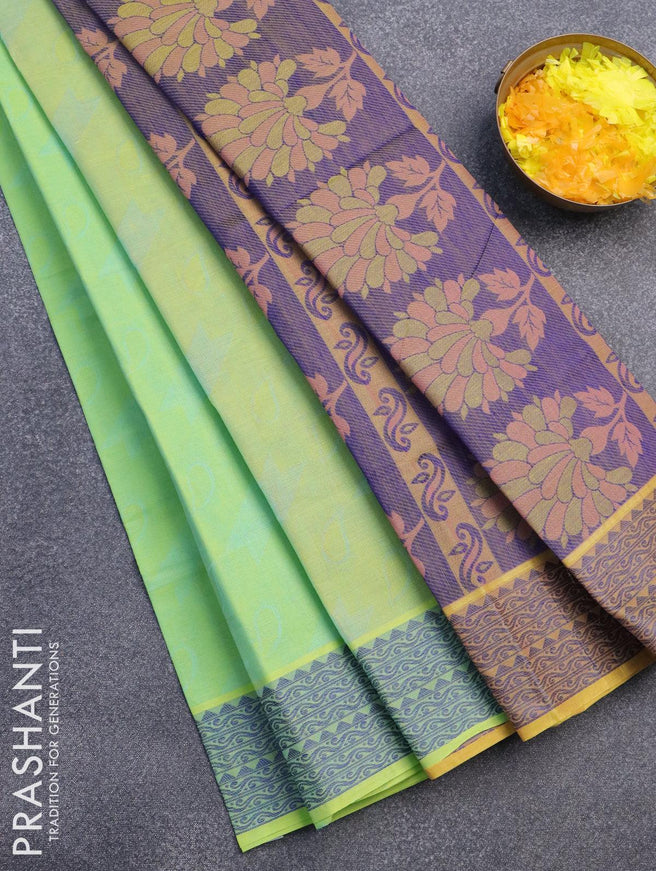 Coimbatore cotton saree dual shade of green and blue with allover self emboss and thread woven border - {{ collection.title }} by Prashanti Sarees