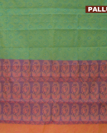 Coimbatore cotton saree dual shade of greenish blue and dual shade of pinkish yellow with allover self emboss and thread woven border - {{ collection.title }} by Prashanti Sarees