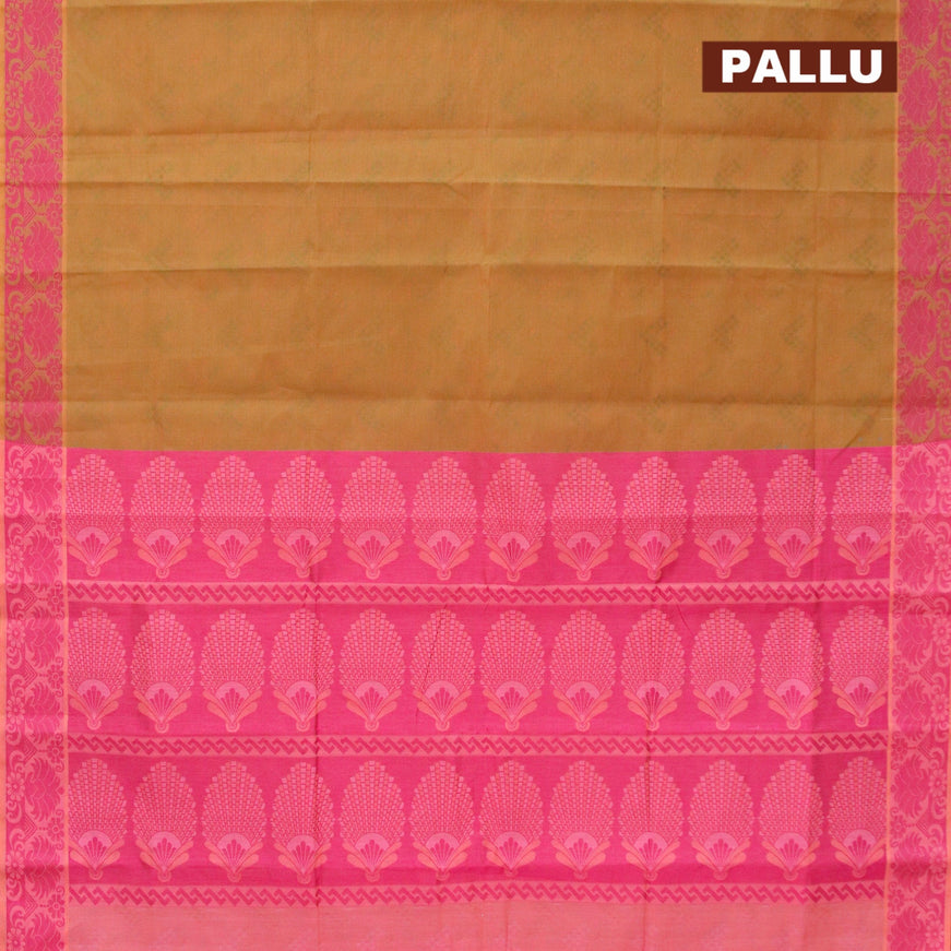 Coimbatore cotton saree dual shade of mustard green and dual shade of pink with allover self emboss and thread woven border - {{ collection.title }} by Prashanti Sarees