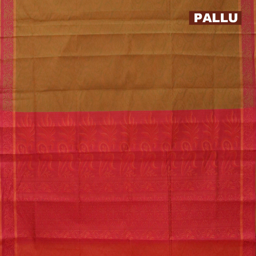 Coimbatore cotton saree dual shade of mustard green and rust shade with allover self emboss and thread woven border - {{ collection.title }} by Prashanti Sarees