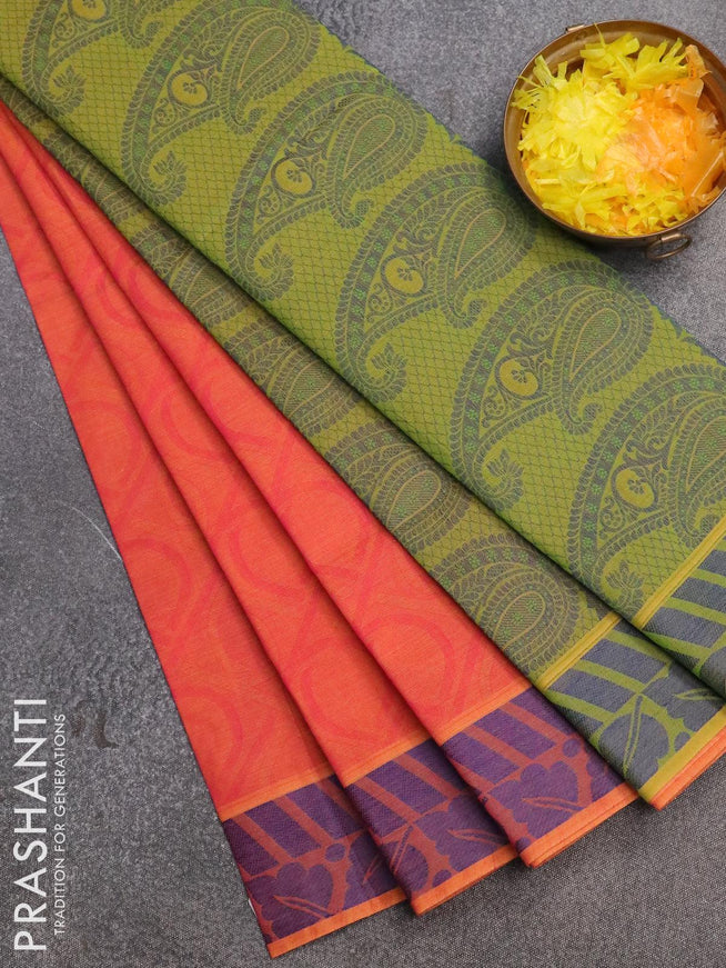 Coimbatore cotton saree dual shade of pinkish orange and green with allover self emboss and thread woven border - {{ collection.title }} by Prashanti Sarees
