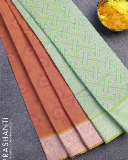 Coimbatore cotton saree dual shade of pinkish yellow and dual shade of green with allover self emboss and thread woven border - {{ collection.title }} by Prashanti Sarees