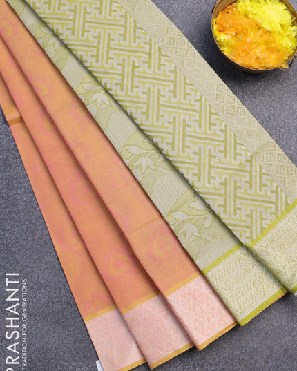 Coimbatore cotton saree dual shade of pinkish yellow and light green with allover self emboss and thread woven border - {{ collection.title }} by Prashanti Sarees