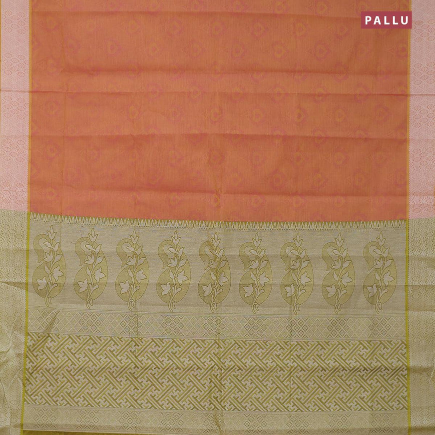 Coimbatore cotton saree dual shade of pinkish yellow and light green with allover self emboss and thread woven border - {{ collection.title }} by Prashanti Sarees