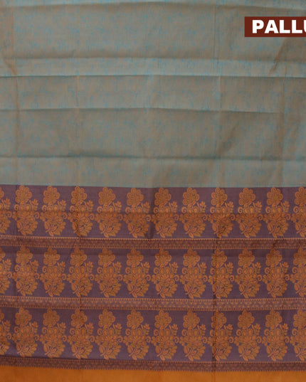 Coimbatore cotton saree dual shade of teal blue and mustard yellow with allover self emboss and thread woven border - {{ collection.title }} by Prashanti Sarees