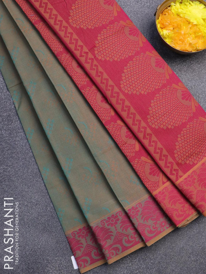 Coimbatore cotton saree dual shade of teal blue and rust shade with allover self emboss and thread woven border - {{ collection.title }} by Prashanti Sarees