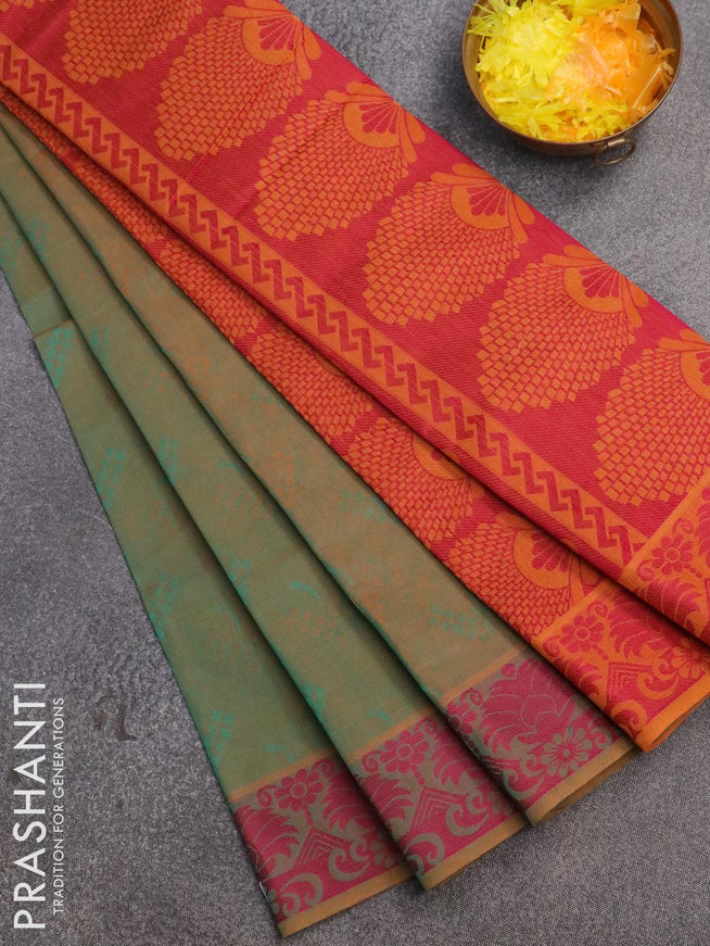 Coimbatore cotton saree dual shade of teal green and mustard yellow with allover self emboss and thread woven border - {{ collection.title }} by Prashanti Sarees