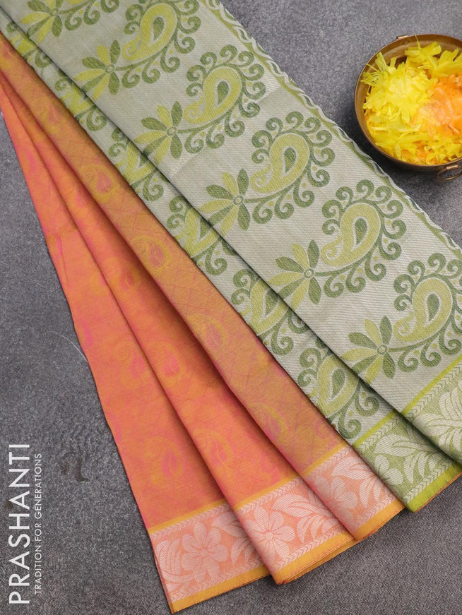Coimbatore cotton saree dual shade of yellowish pink and green shade with allover self emboss and thread woven border - {{ collection.title }} by Prashanti Sarees