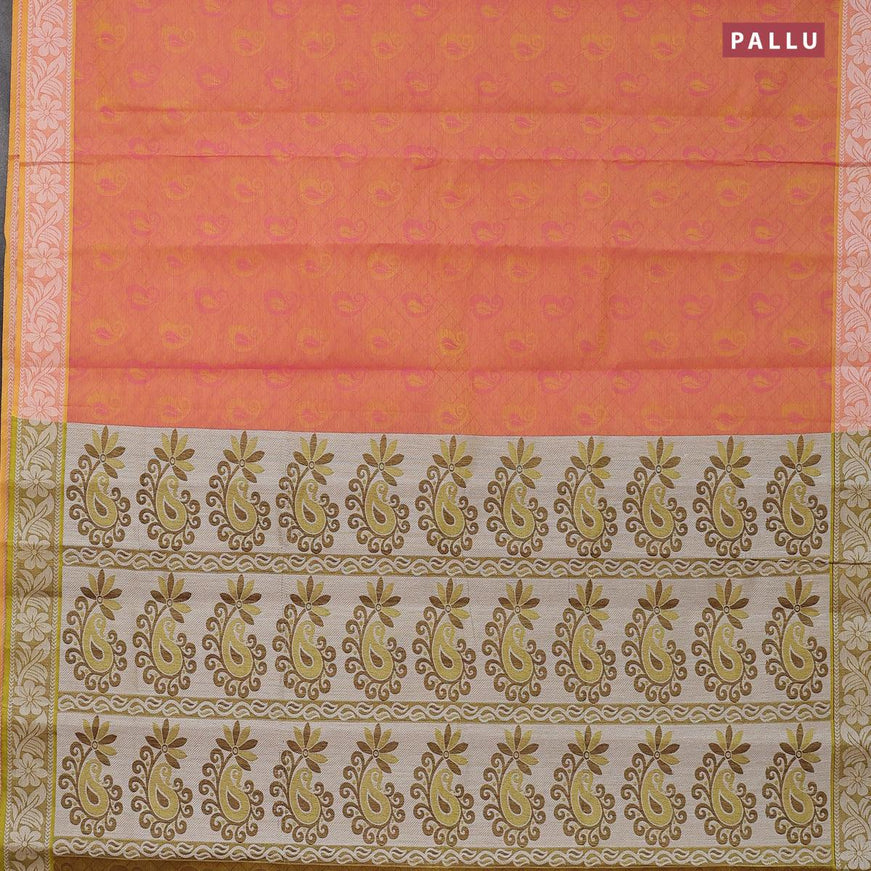 Coimbatore cotton saree dual shade of yellowish pink and mehendi green with allover self emboss and thread woven border - {{ collection.title }} by Prashanti Sarees