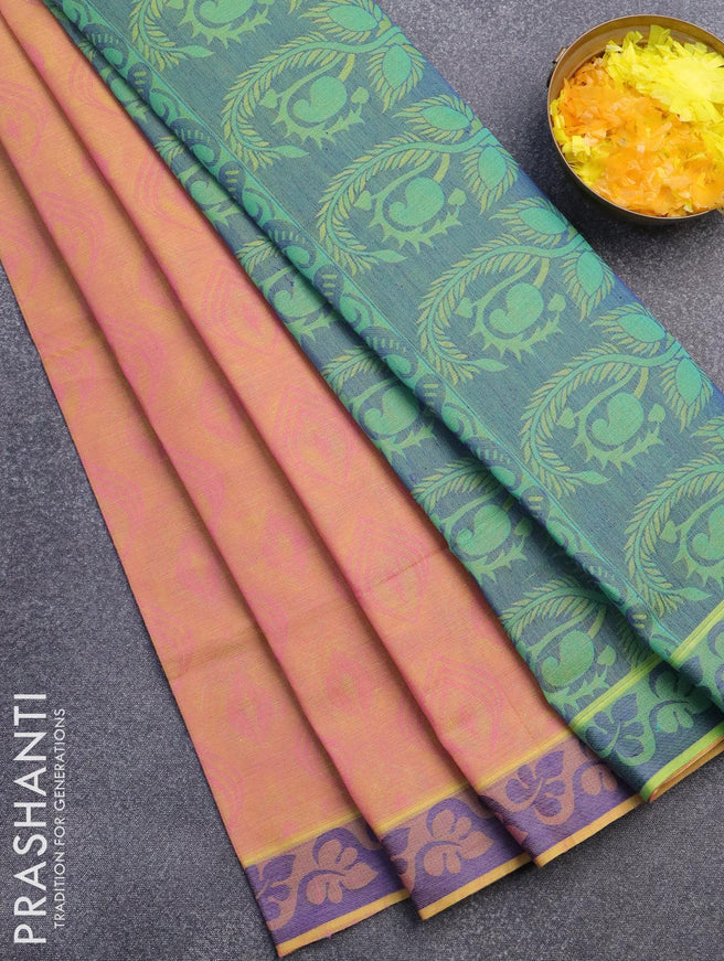 Coimbatore cotton saree dual shade of yellowish pink and teal green with allover self emboss and thread woven border - {{ collection.title }} by Prashanti Sarees