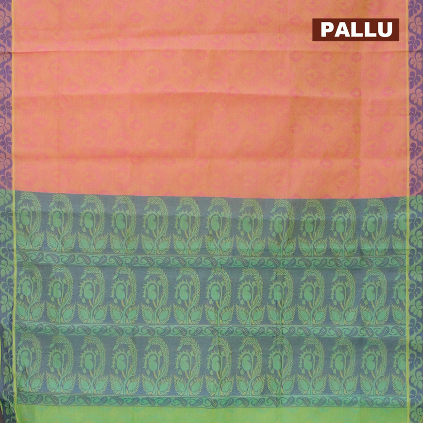 Coimbatore cotton saree dual shade of yellowish pink and teal green with allover self emboss and thread woven border - {{ collection.title }} by Prashanti Sarees