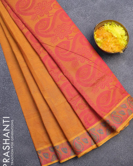 Coimbatore cotton saree mustard yellow and pink with allover self emboss and thread woven border - {{ collection.title }} by Prashanti Sarees