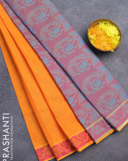 Coimbatore cotton saree orange and pink with allover self emboss and thread woven border - {{ collection.title }} by Prashanti Sarees