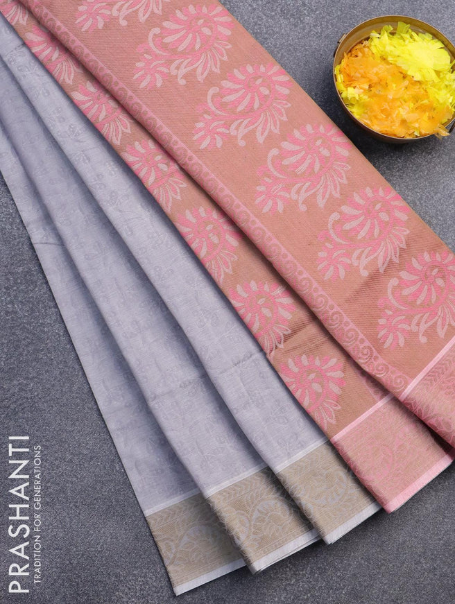 Coimbatore cotton saree pastel grey and pink shade with allover self emboss and thread woven border - {{ collection.title }} by Prashanti Sarees
