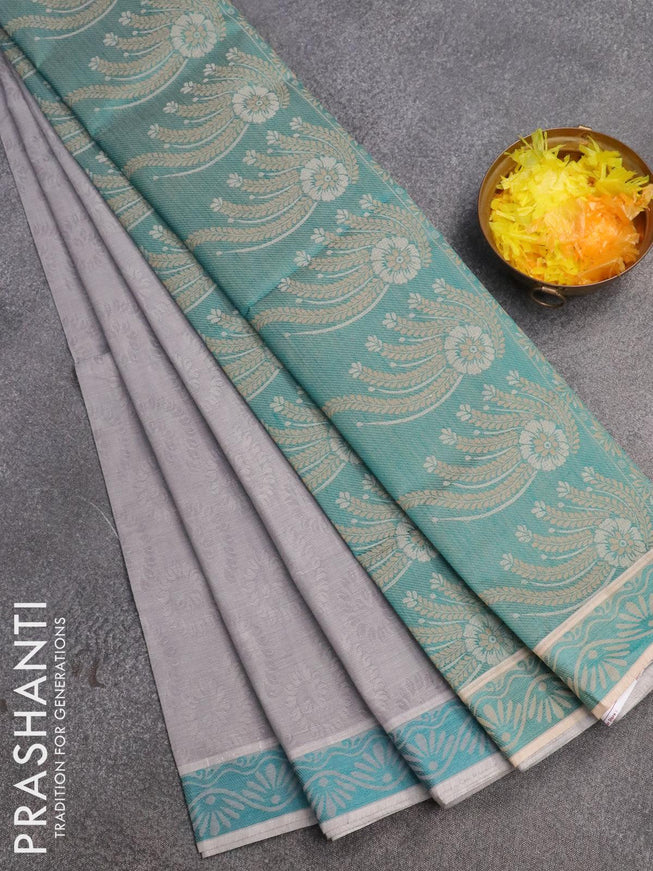 Coimbatore cotton saree pastel grey and teal blue with allover self emboss and thread woven border - {{ collection.title }} by Prashanti Sarees