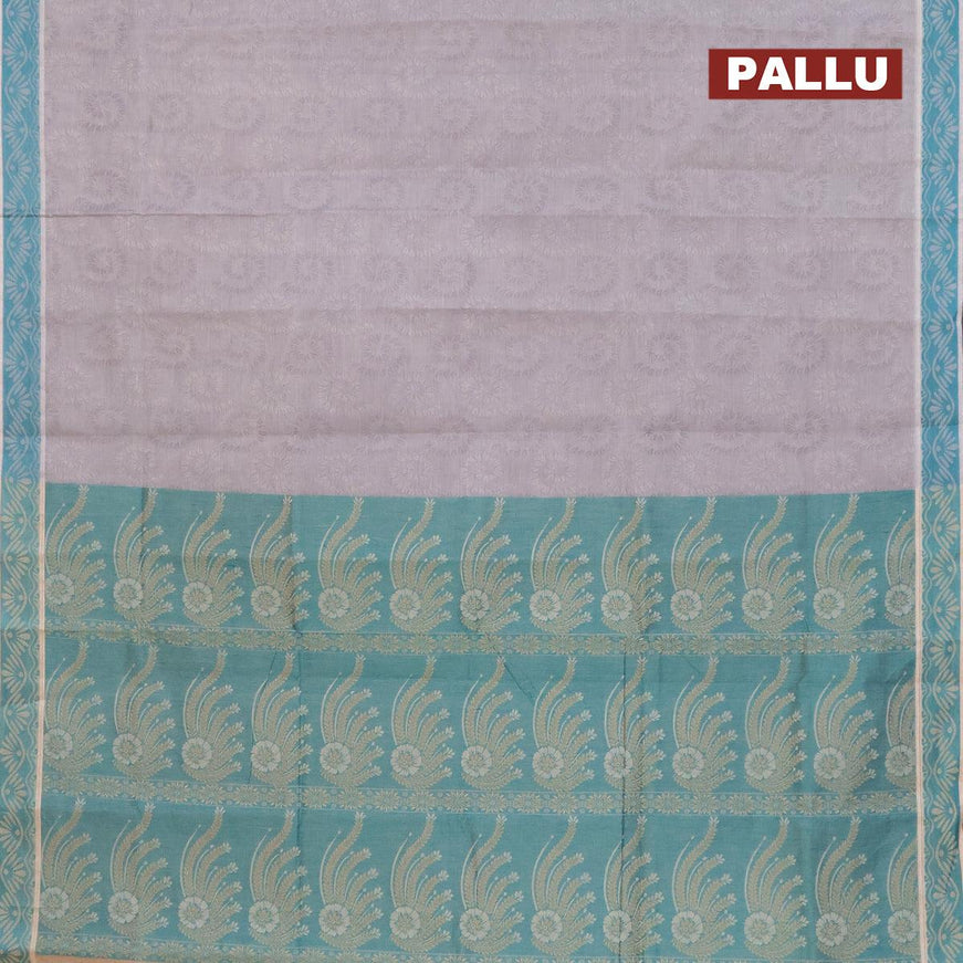 Coimbatore cotton saree pastel grey and teal blue with allover self emboss and thread woven border - {{ collection.title }} by Prashanti Sarees