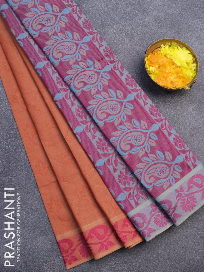Coimbatore cotton saree rust shade and purple with allover self emboss and thread woven border - {{ collection.title }} by Prashanti Sarees