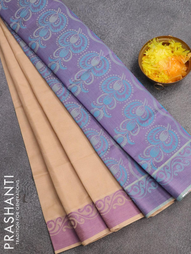 Coimbatore cotton saree sandal and violet with allover self emboss and thread woven border - {{ collection.title }} by Prashanti Sarees